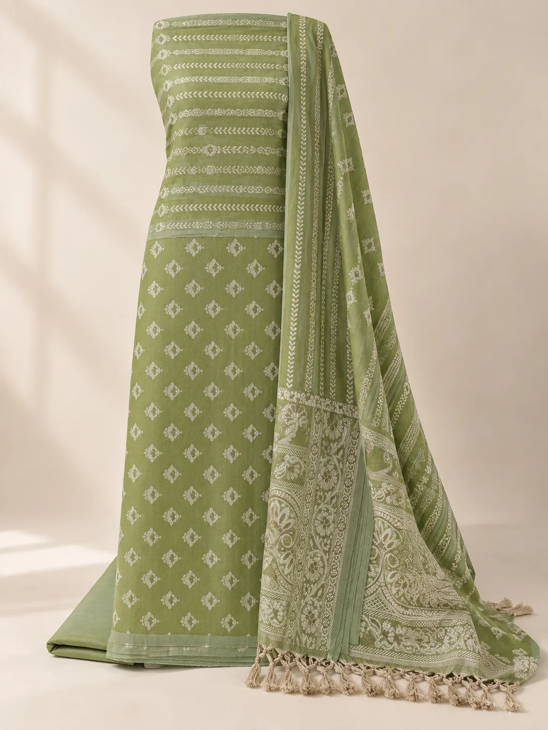 Olive Green Cream Buti Suit