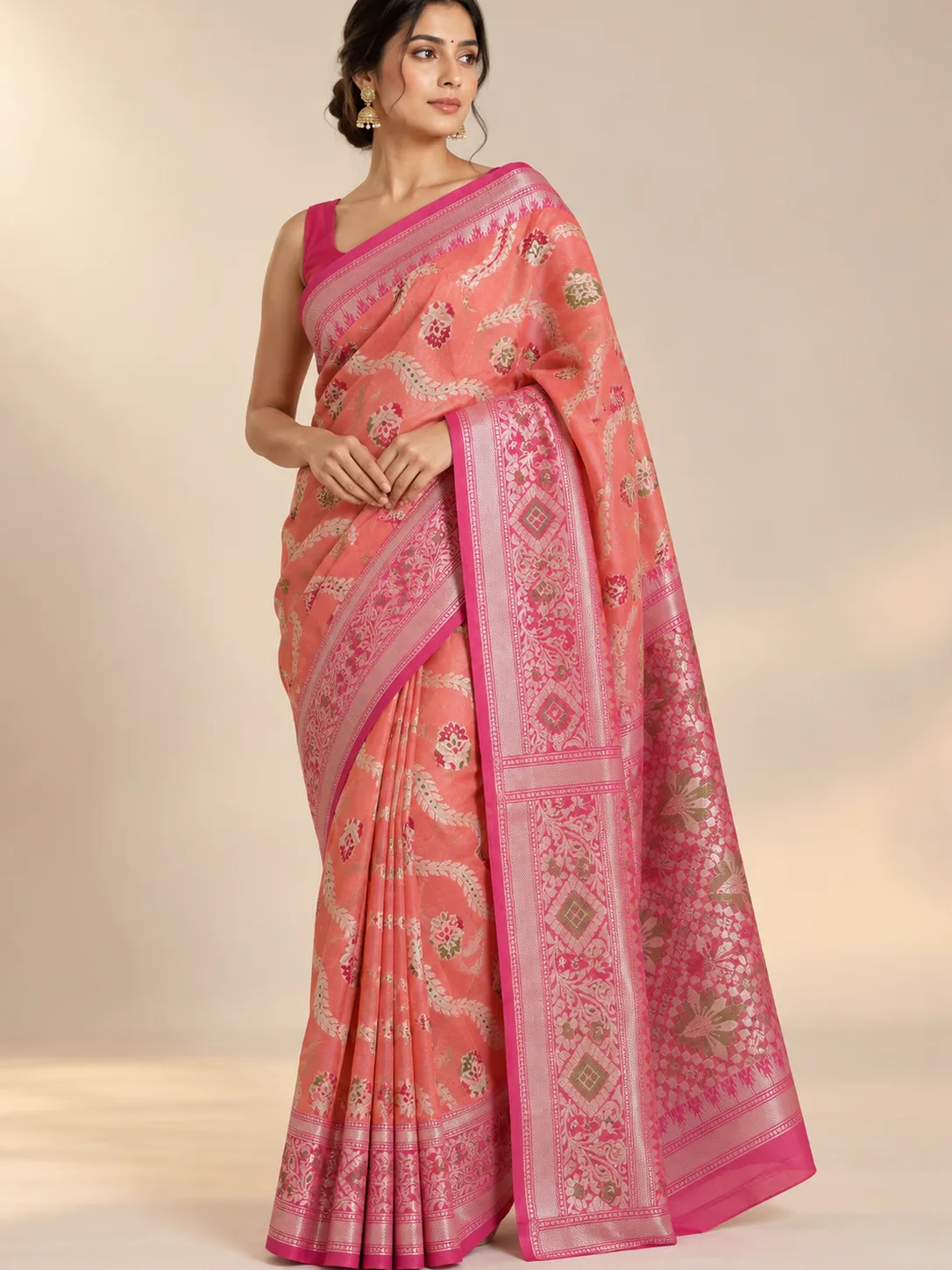 Coral Pink Vine Mercerised Saree with Magenta Pallu