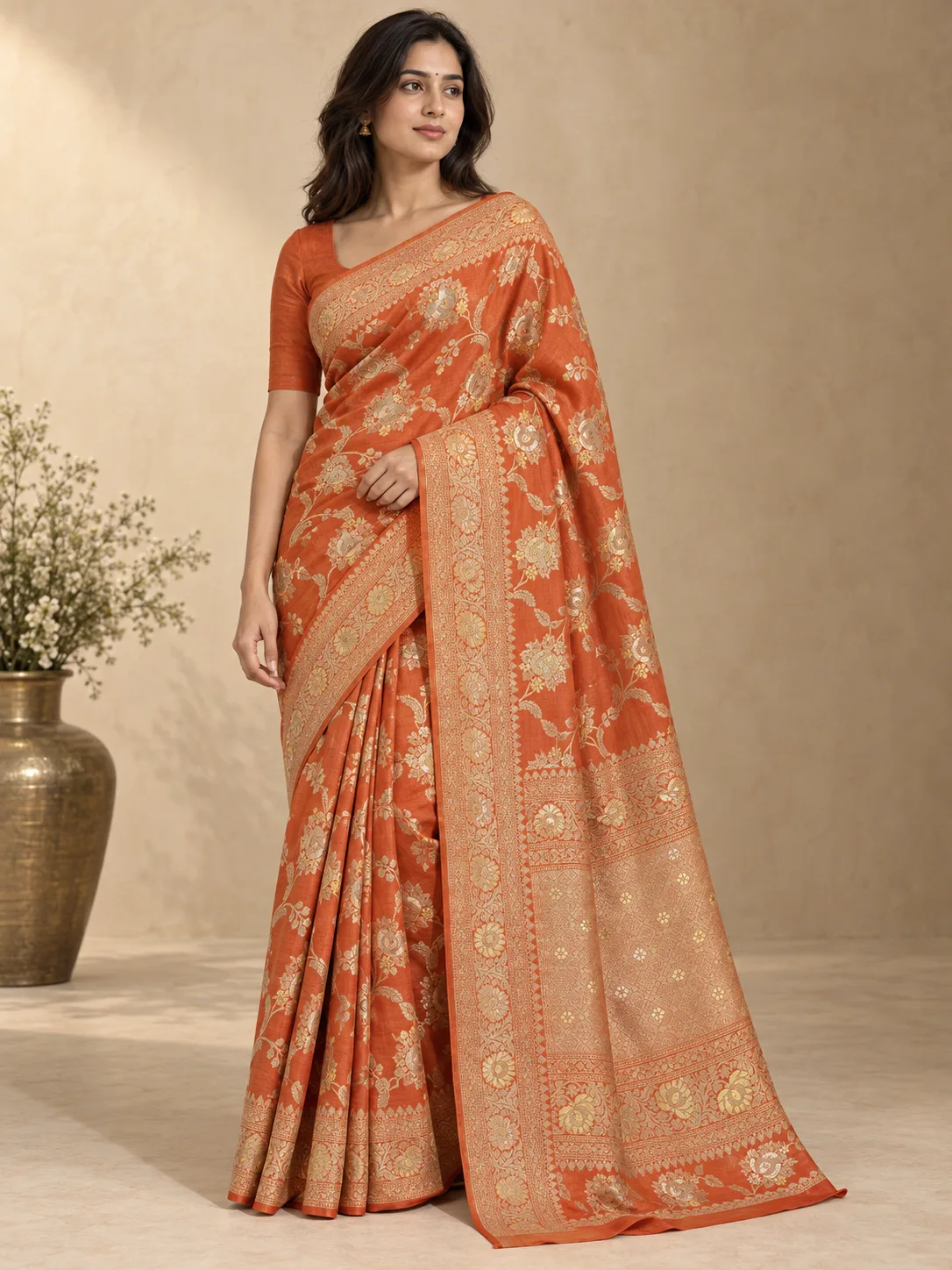 Rust Orange Floral Jaal Dupion Silk