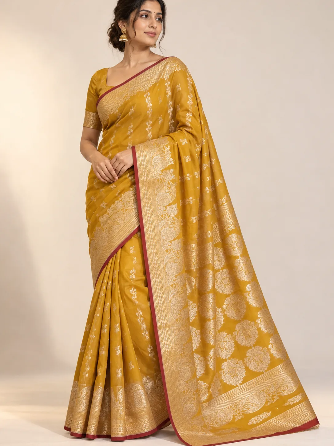 Mustard Yellow Gold Zari Semi Katan Saree with Maroon Edge