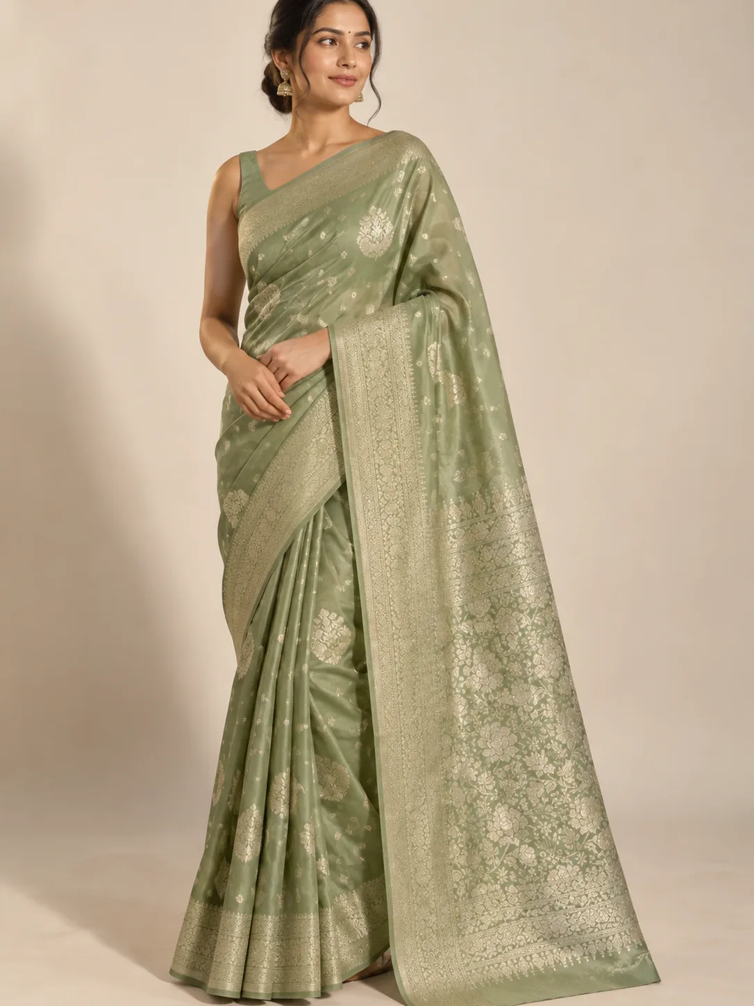 Sage Green Zari Buti Silk Saree