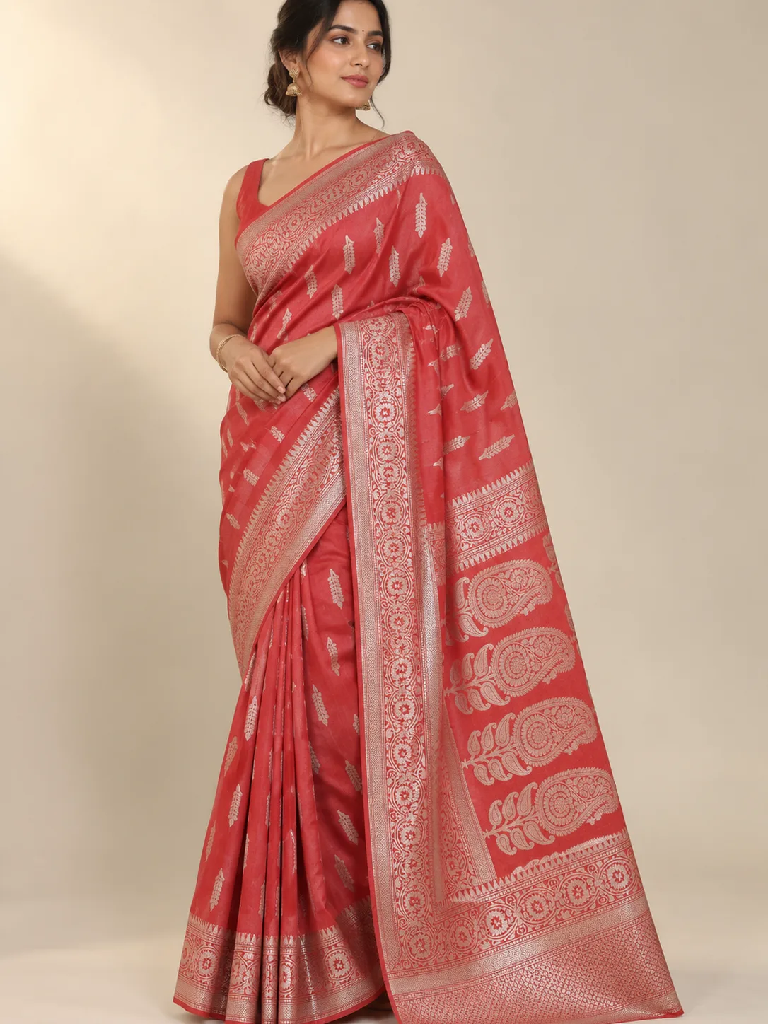 Coral Red Zari Buta Semi Katan Saree with Paisley Pallu