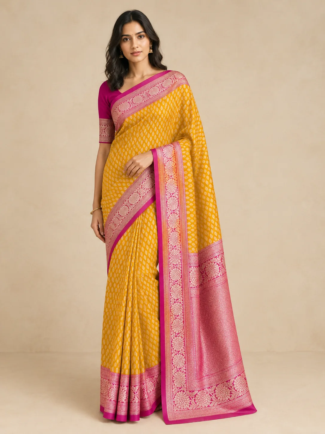 Mustard Yellow and Magenta Floral Border Silk Blend