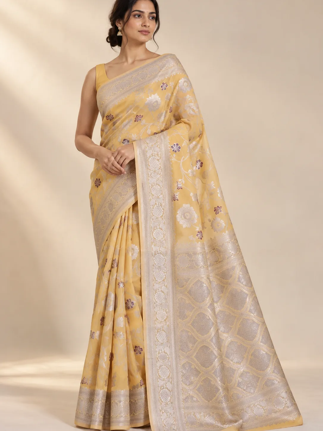 Honey Yellow Floral Banarasi Silk Saree with Silver Jaal Pallu