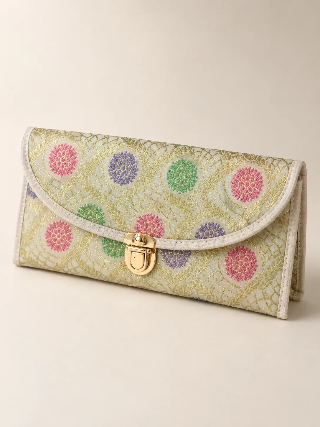 Ivory and Gold Circles Silk Purse