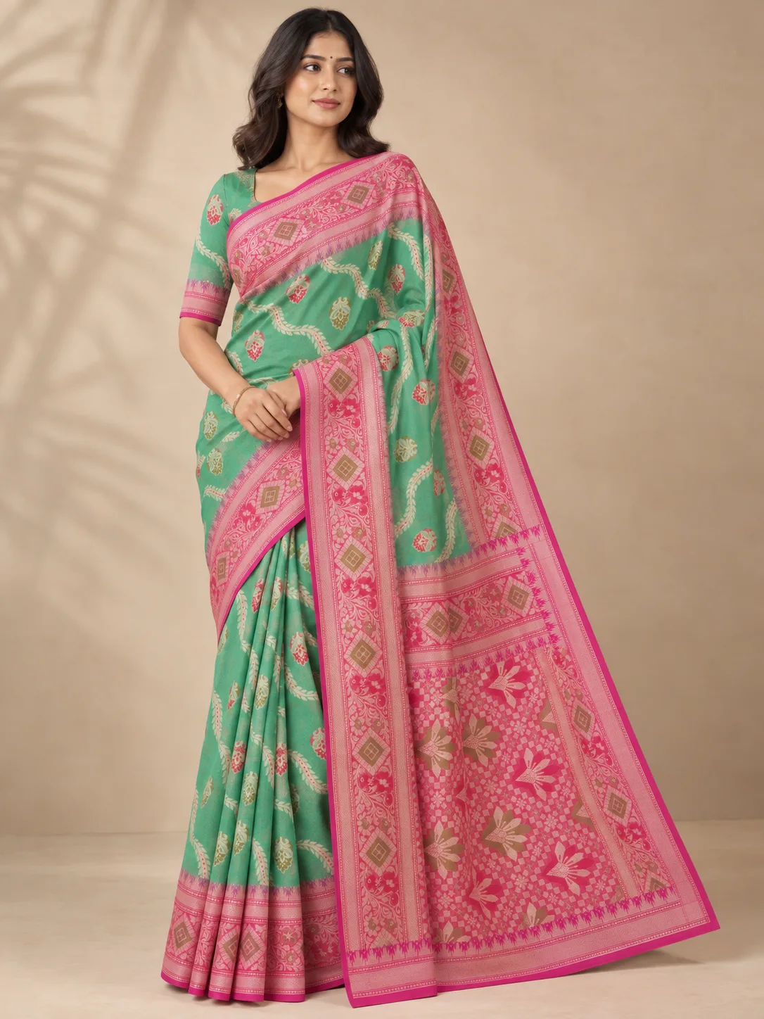 Sea Green and Pink Floral Jaal Katan Mix Silk