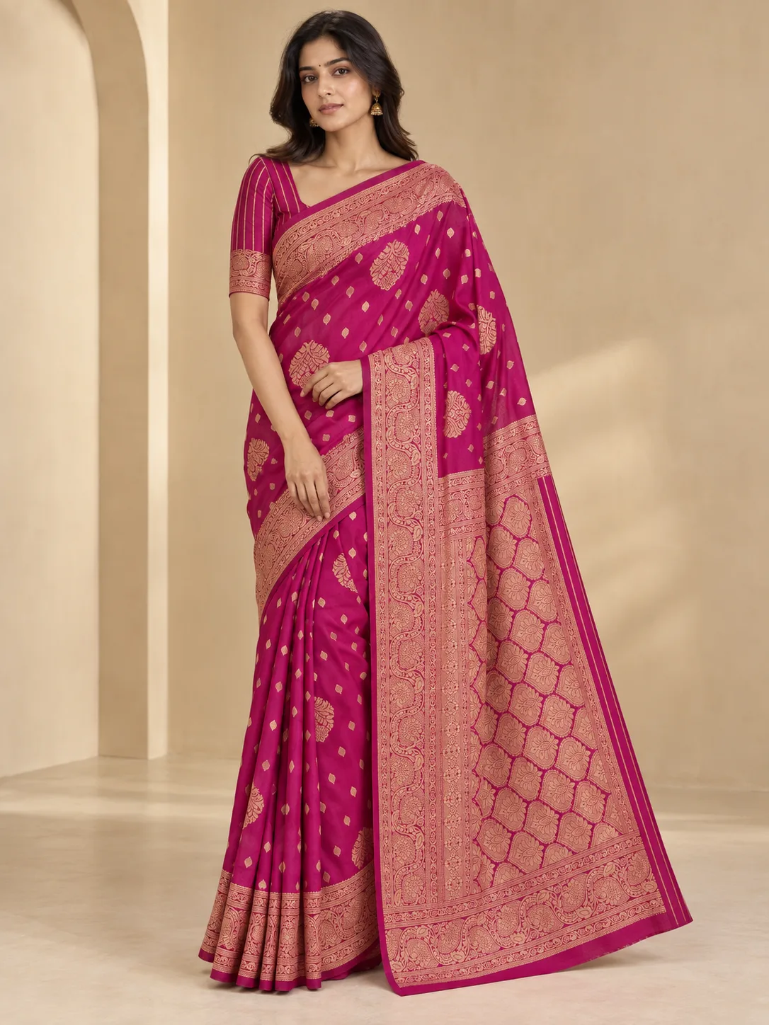 Deep Magenta Botanical Jaal Banarasi Katan Silk