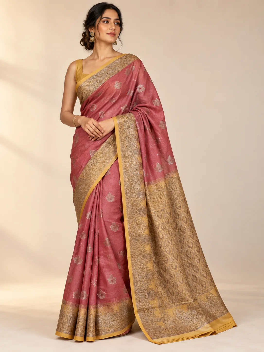 Dusty Rose Silver Buti Tussar Silk Saree with Antique Gold Pallu