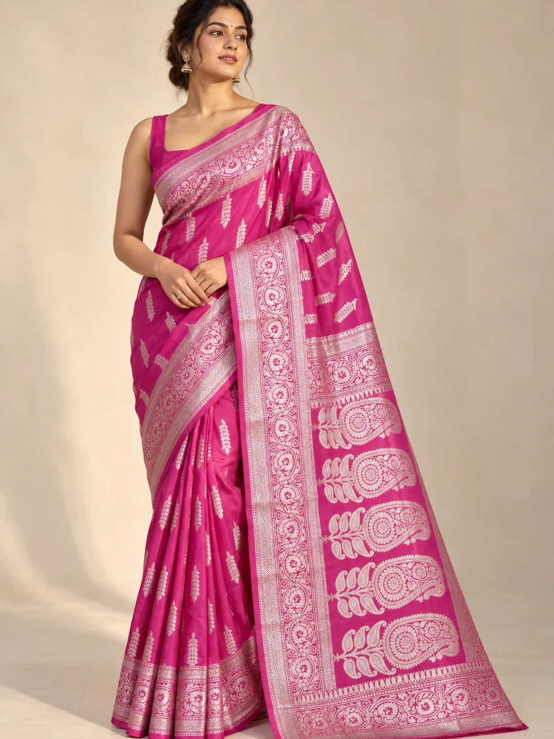 Rani Pink Silver Buta Semi Katan Saree with Paisley Pallu
