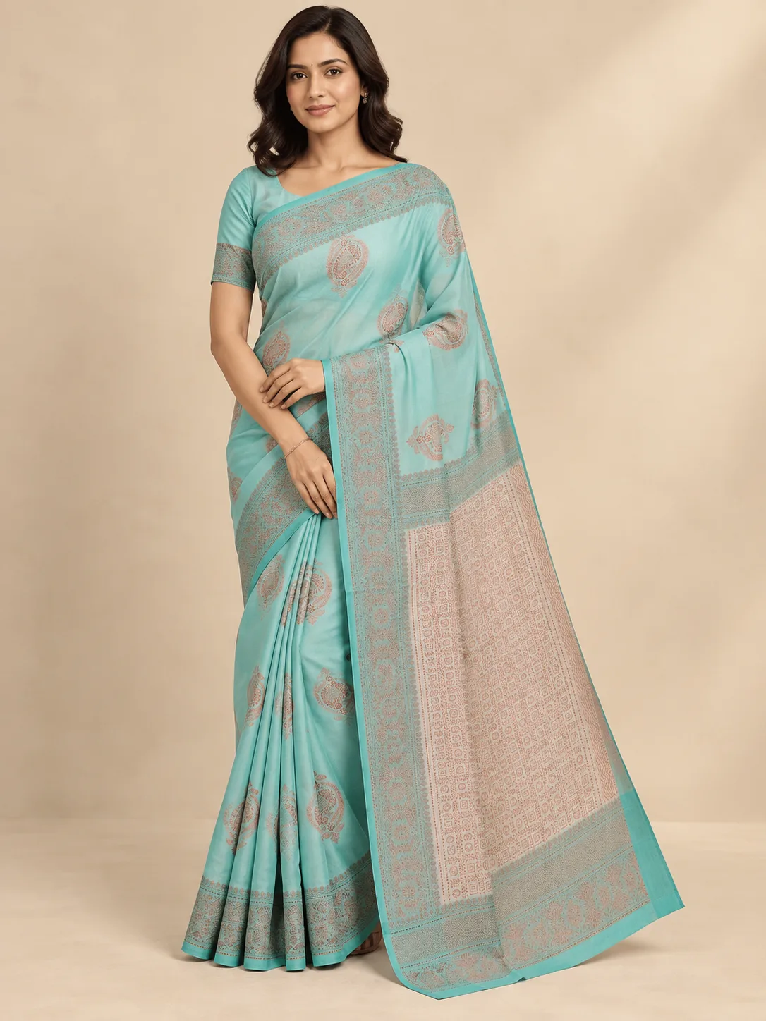 Aqua Mint and Rose Pink Paisley Banarasi Katan Silk