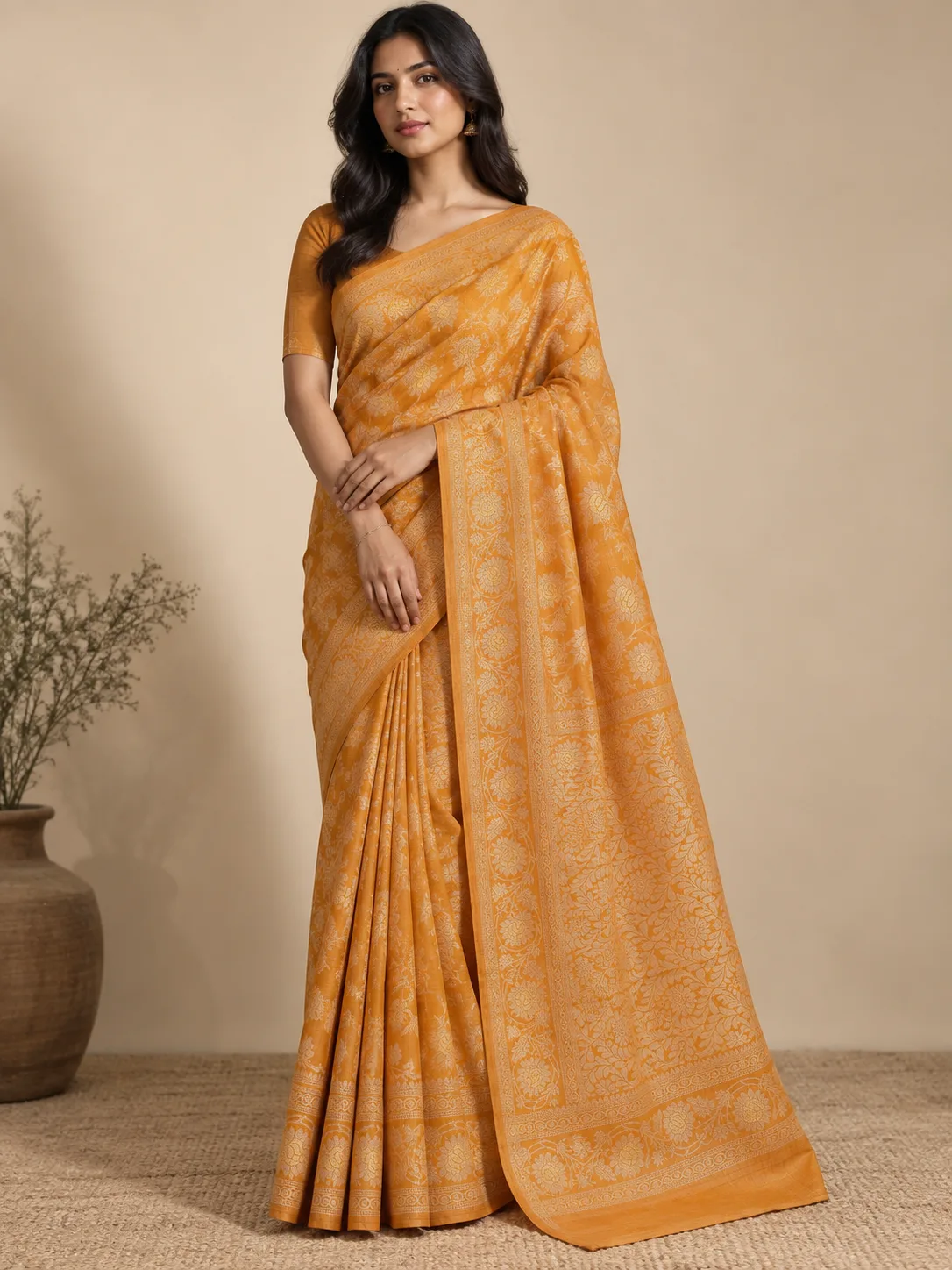 Saffron Orange Floral Jaal Semi Tussar Silk