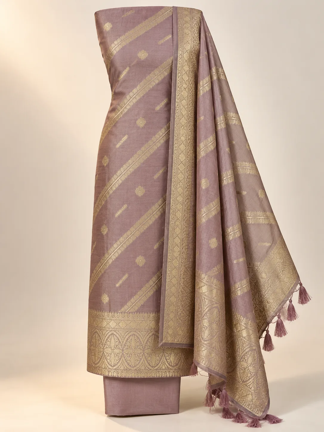 Mauve Gold Zari Diagonal Suit