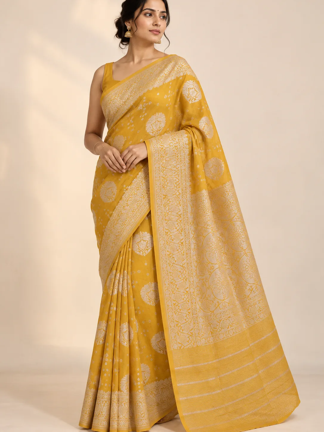 Mustard Yellow Zari Buta Dupion Silk Saree