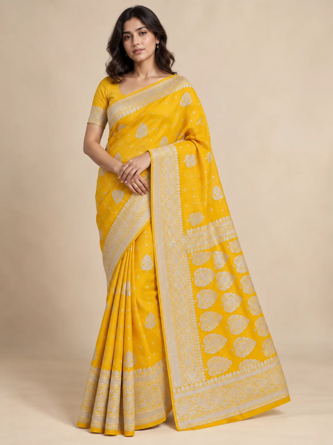 Mustard Yellow and Ivory Gold Jacquard Chiffon Silk