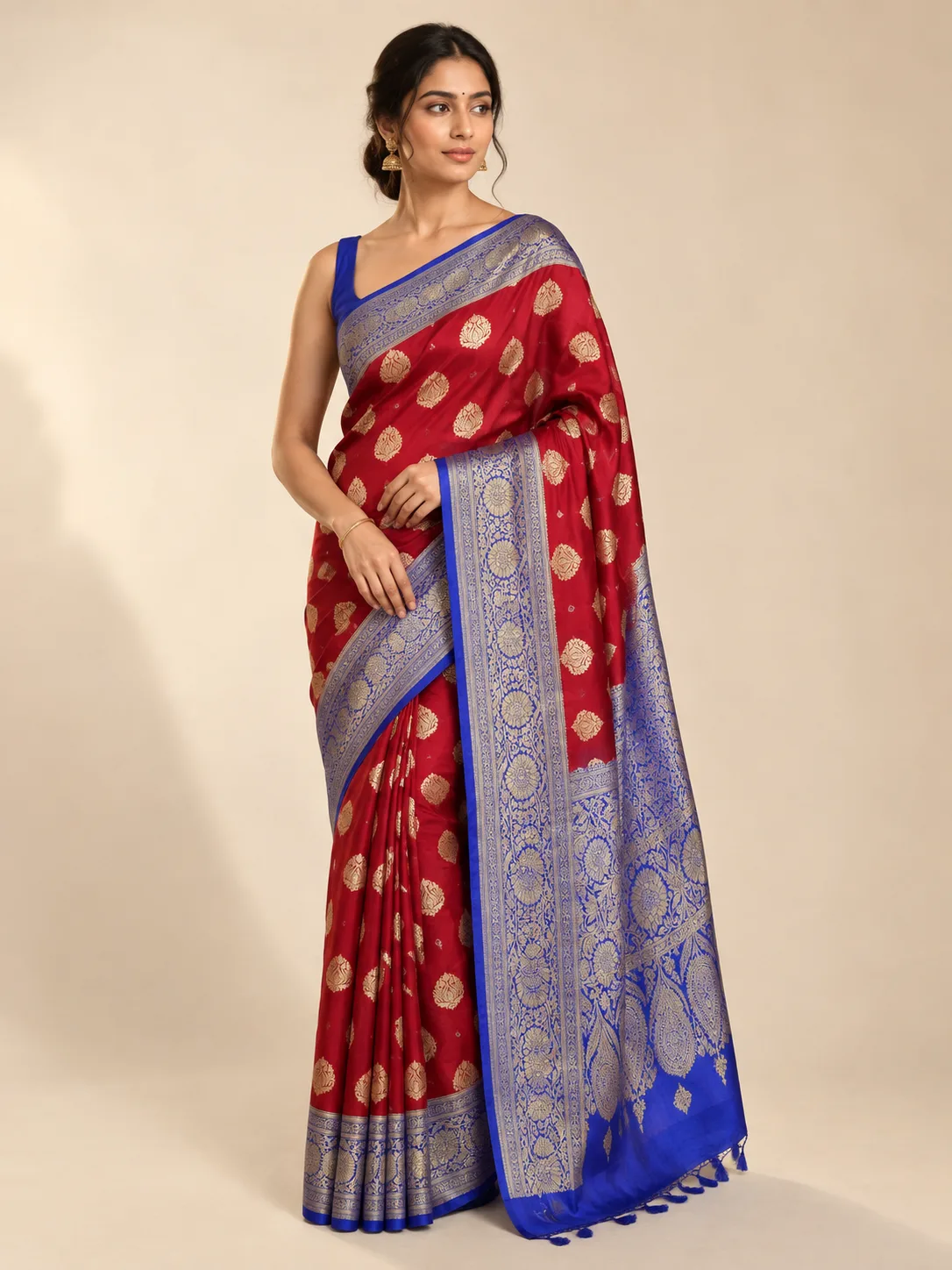 Wine Red Gold Buta Banarasi Silk Saree with Royal Blue Border