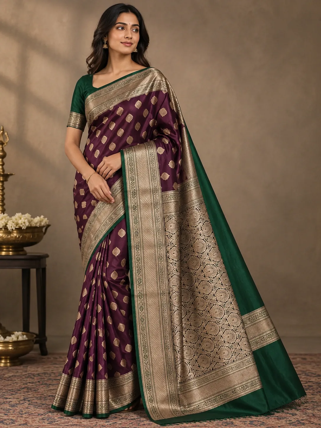 Plum and Bottle Green Banarasi Silk