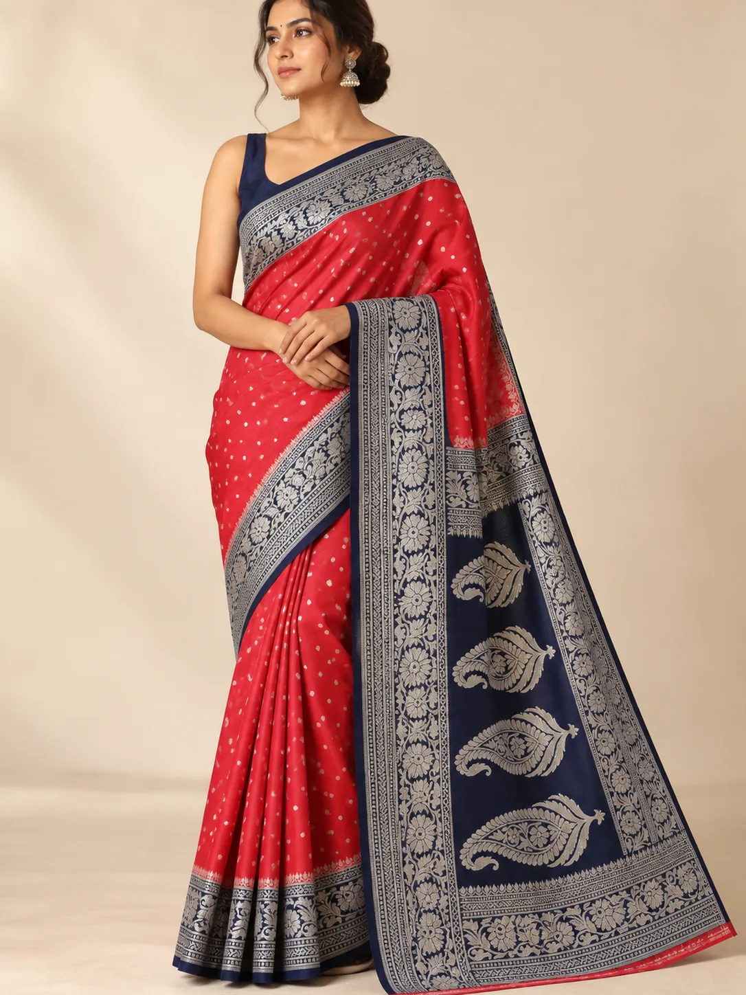 Red Silver Buti Georgette Saree with Navy Paisley Pallu
