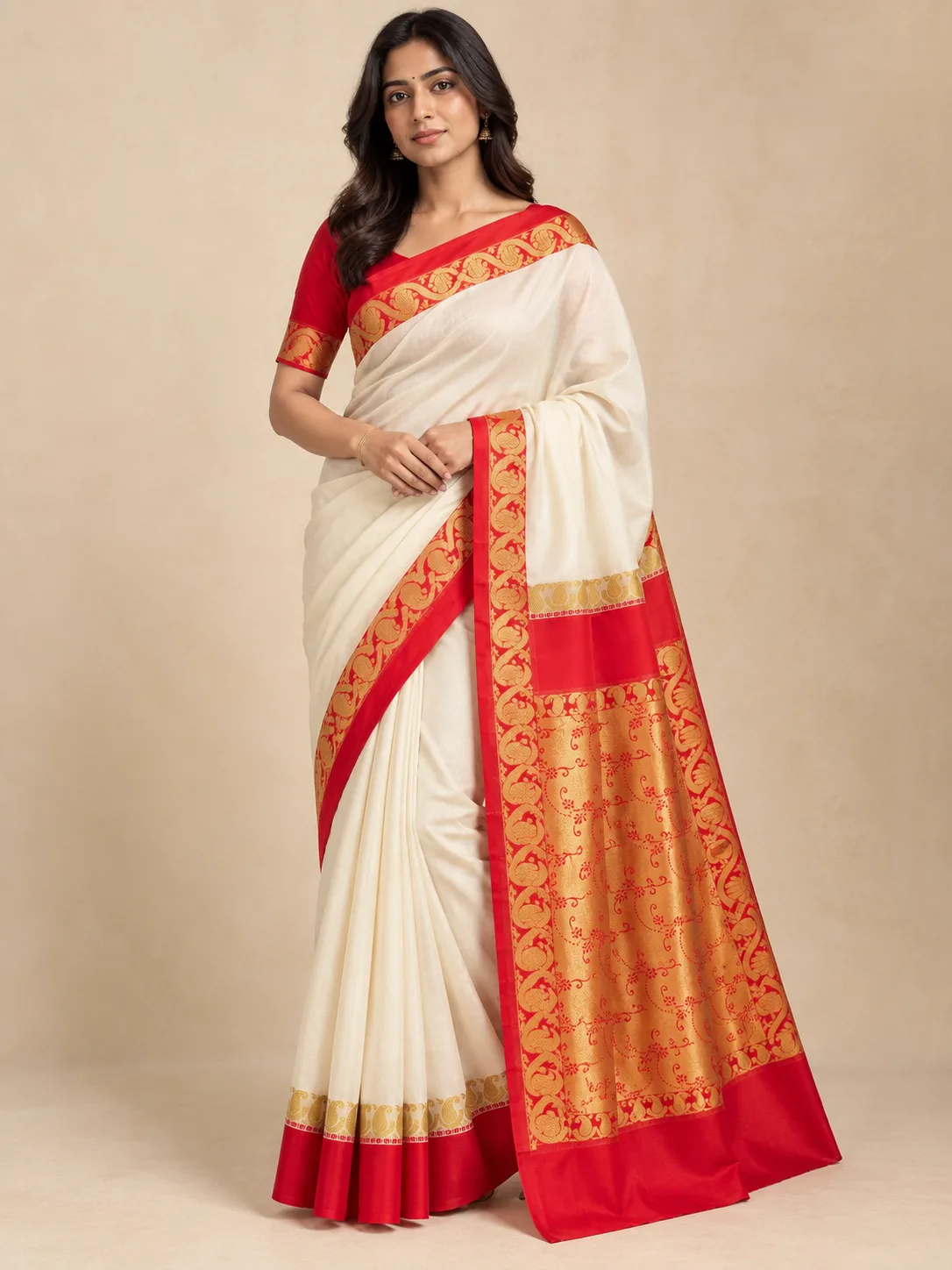 Ivory Cream and Red Paisley Zari Silk Blend