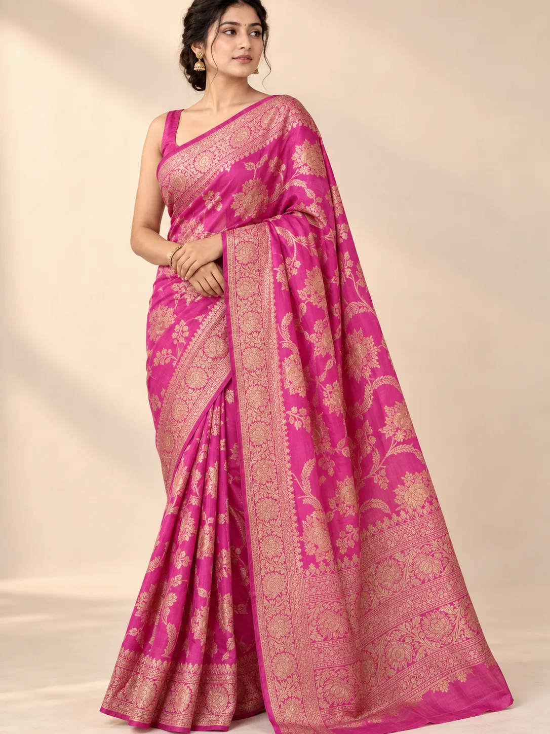 Magenta Pink Floral Jaal Dupion Silk Saree