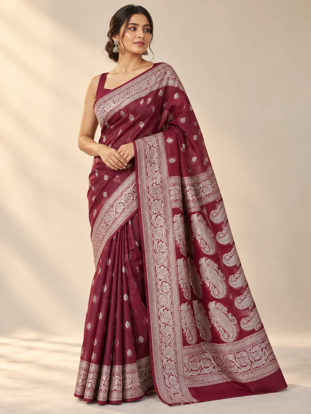 Wine Maroon Paisley Pallu Katan Silk Saree