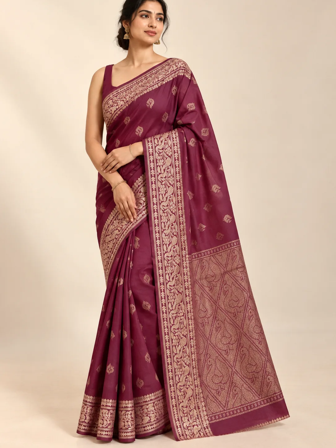 Wine Magenta Peacock Lattice Pallu Katan Silk Saree