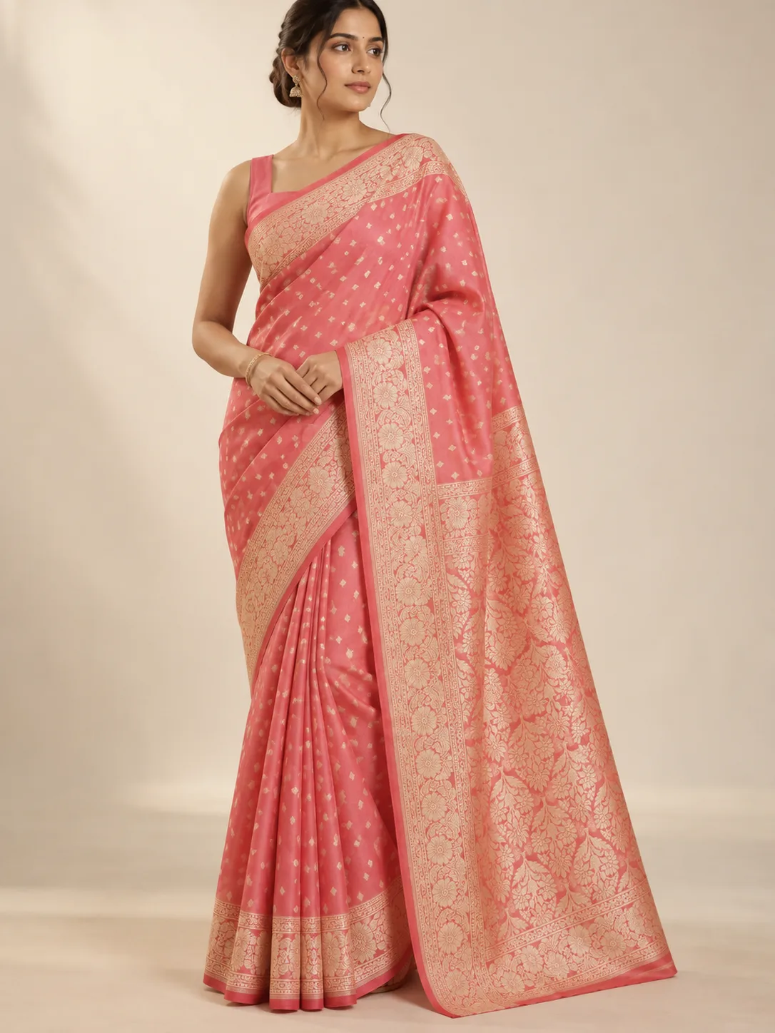 Coral Pink Gold Jaal Pallu Banarasi Silk Saree