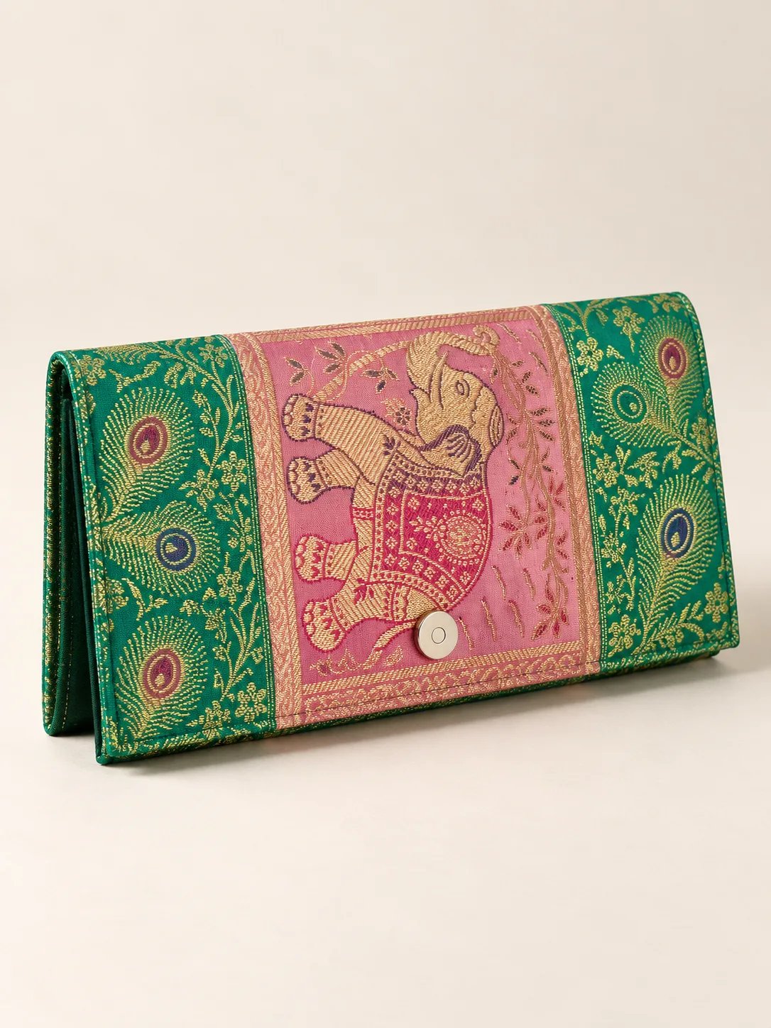 Green and Pink Elephant Silk Purse