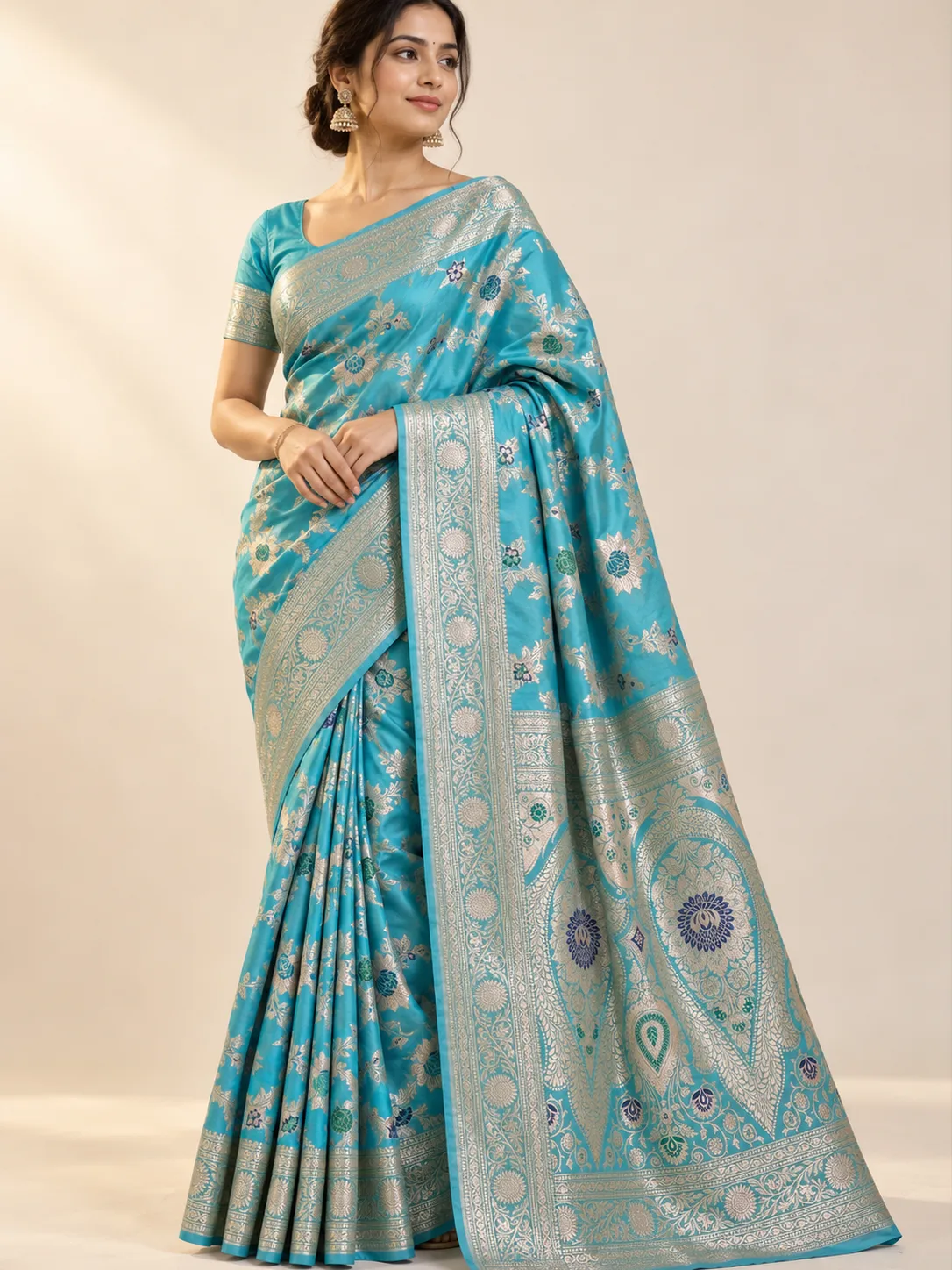 Turquoise Silver Floral Vine Banarasi Silk Saree with Paisley Pallu