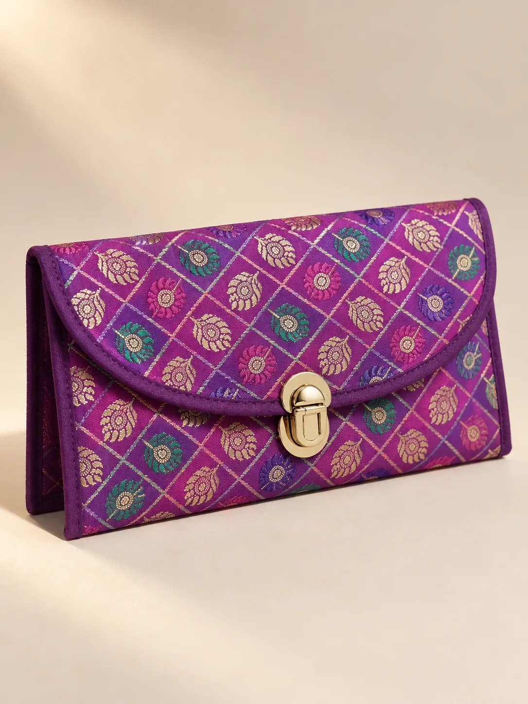 Purple Lotus Jaal Silk Purse