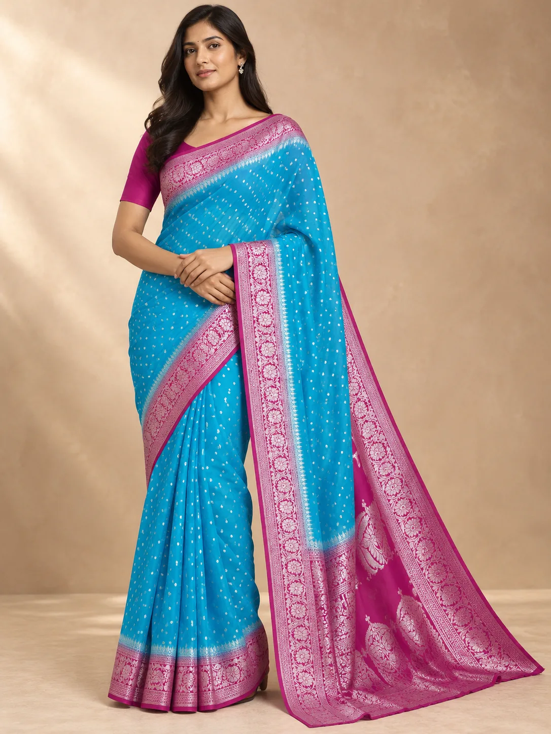 Turquoise and Magenta Banarasi Border Georgette