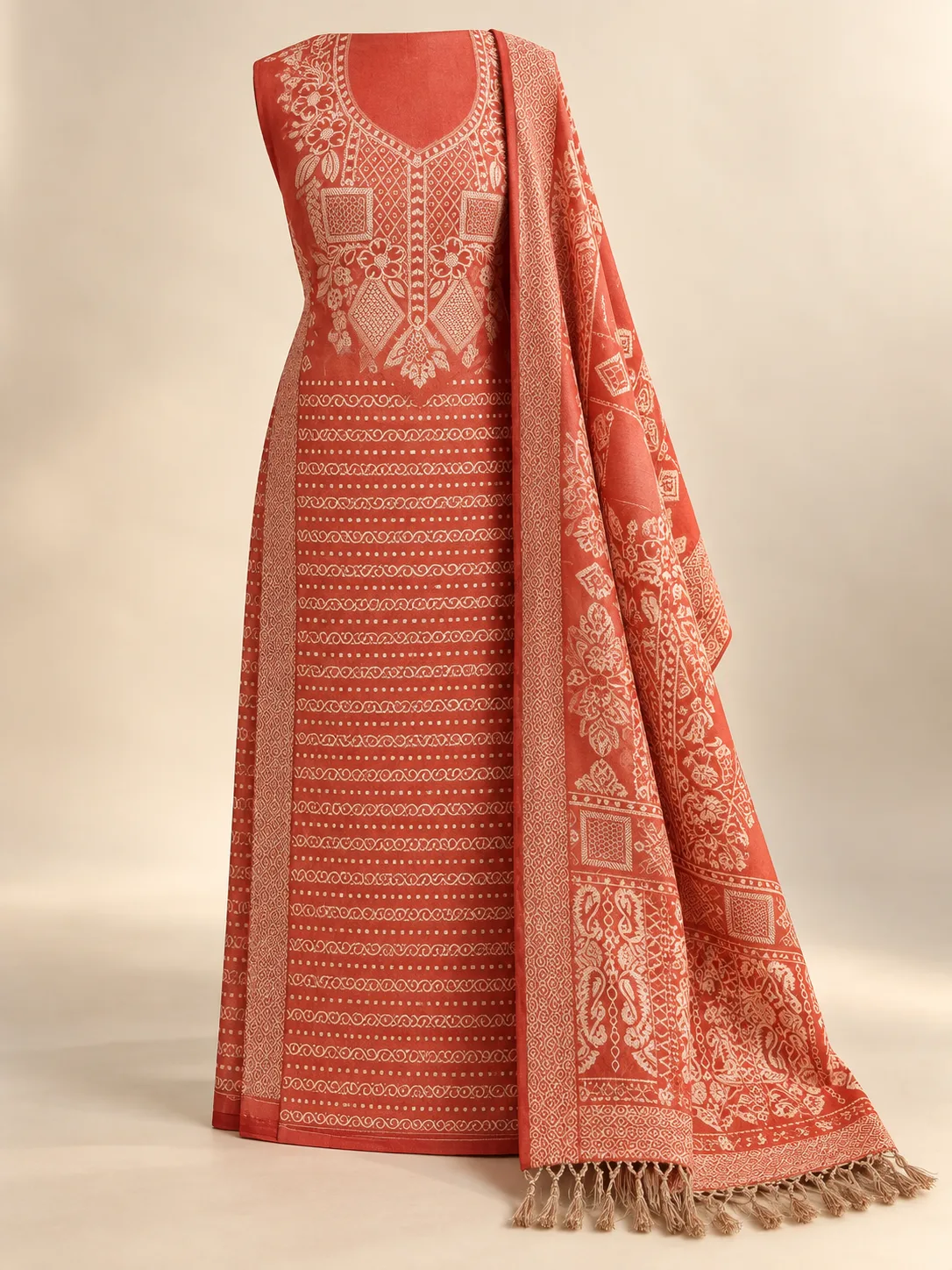 Coral Cream Floral Border Suit
