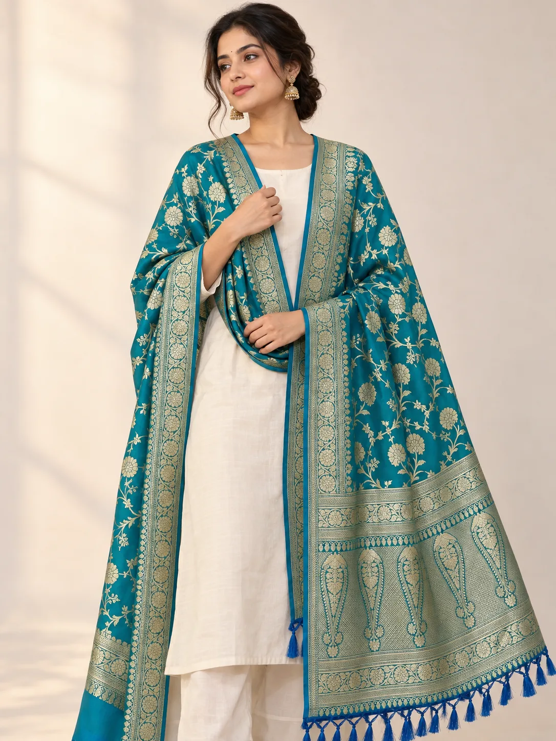 Teal Blue Gold Floral Jaal Banarasi Dupatta