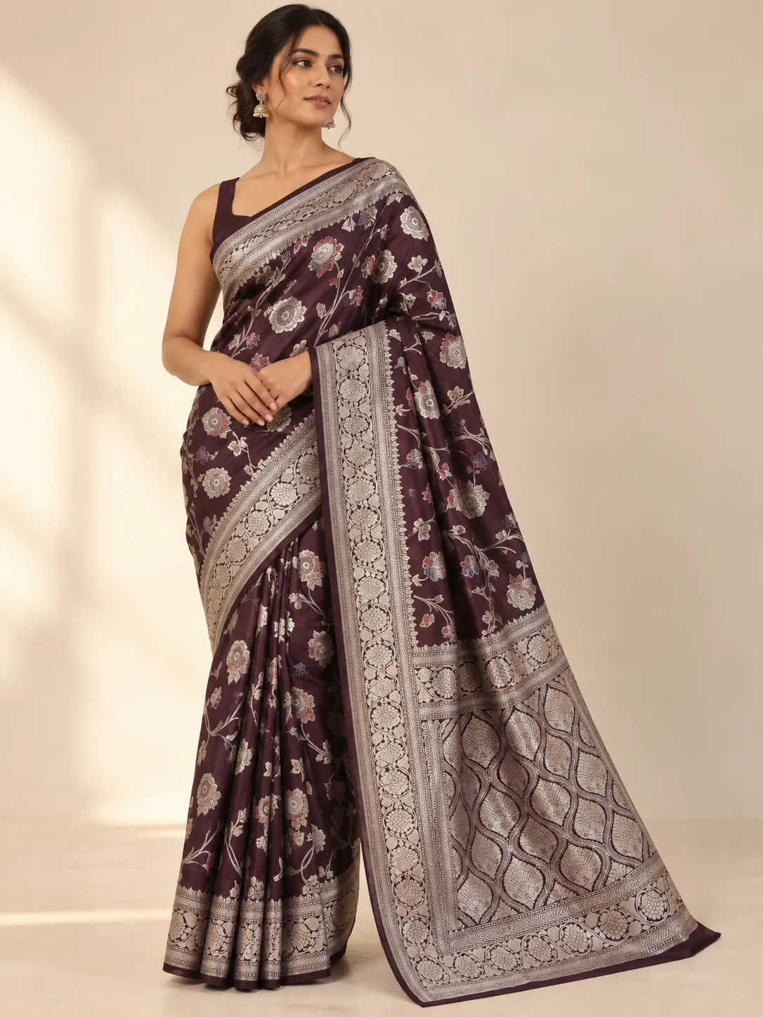 Deep Plum Silver Floral Vine Banarasi Silk Saree