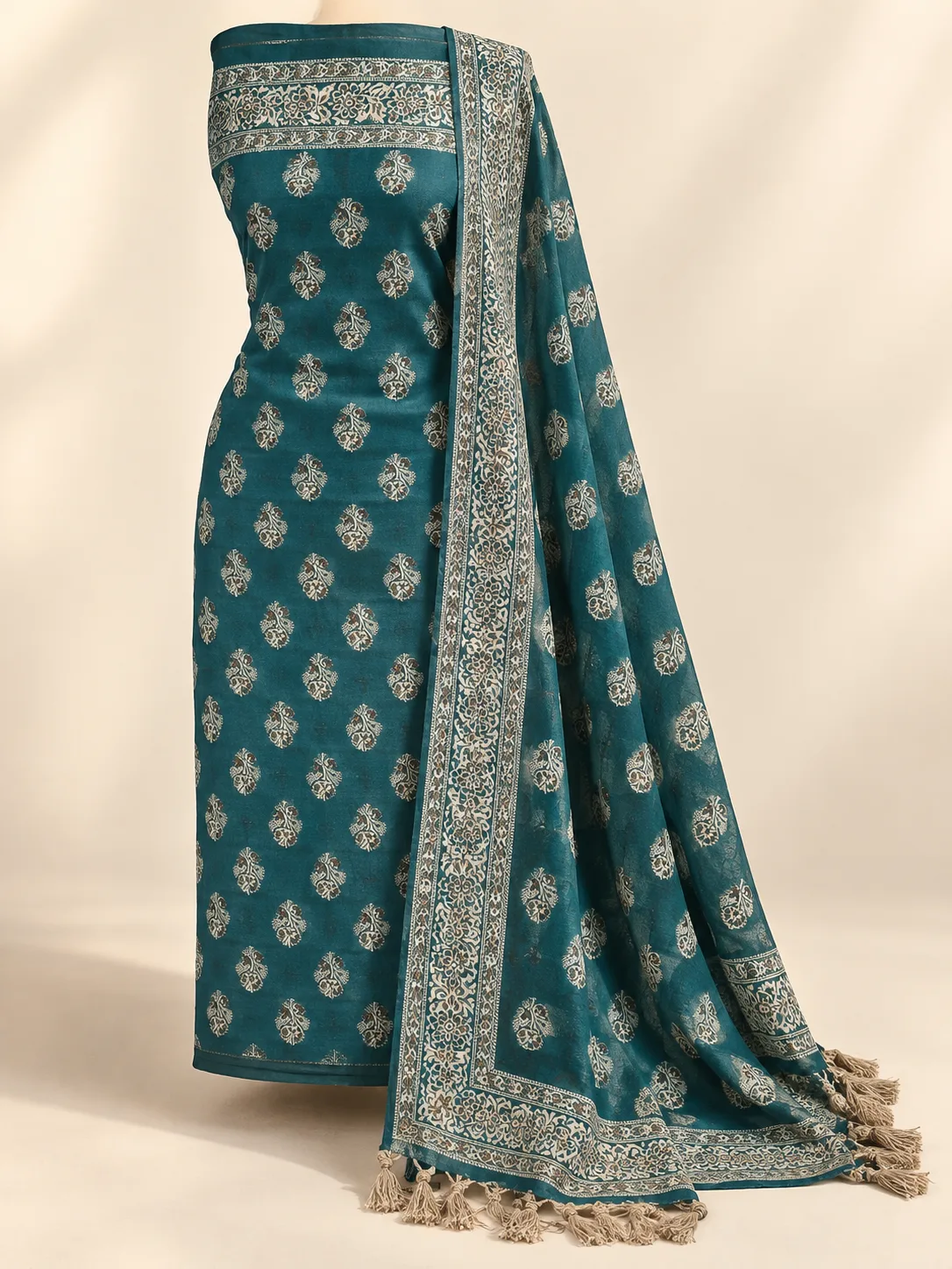 Teal Cream Buta Silk Suit