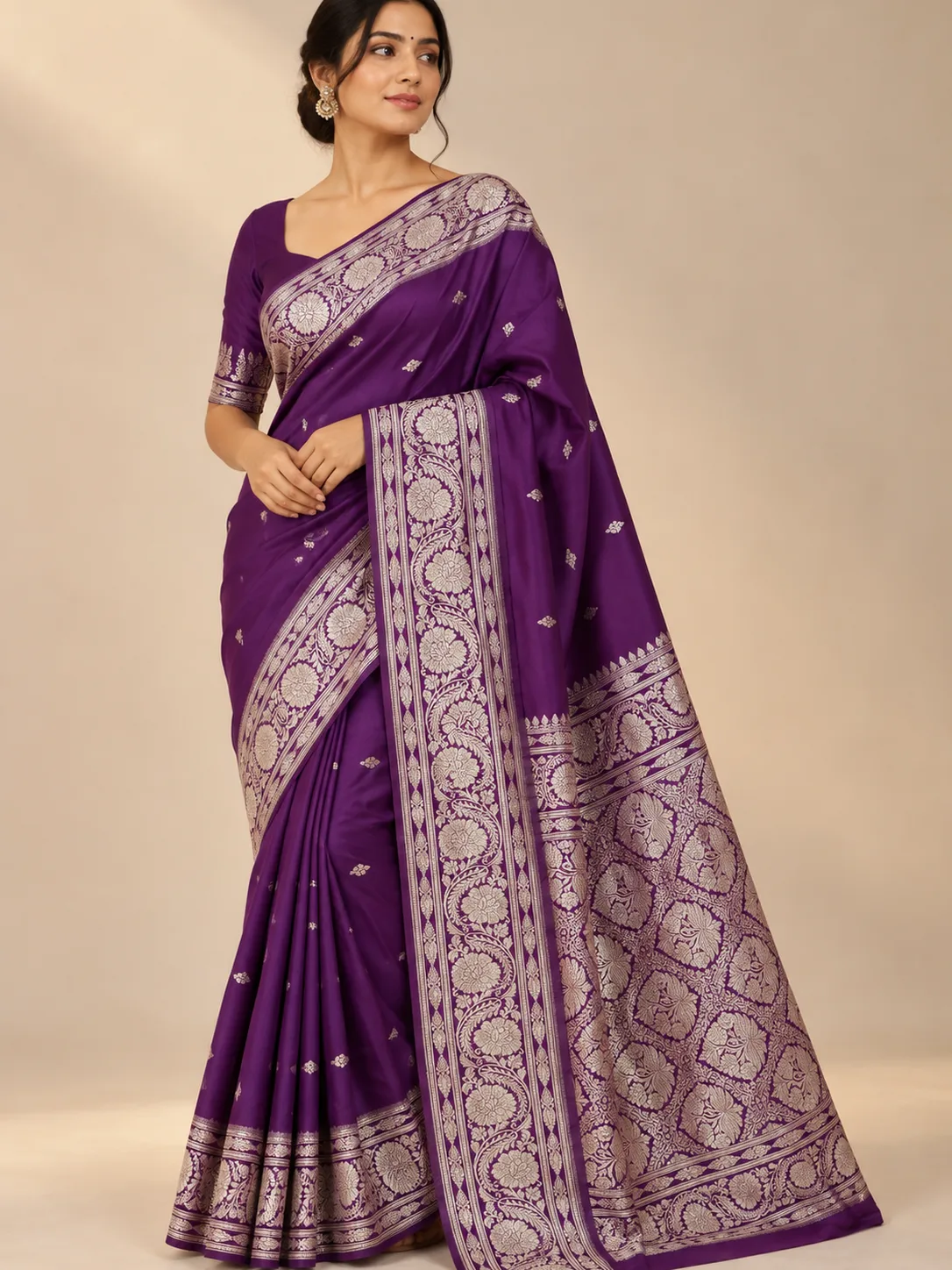 Royal Purple Silver Buti Silk Saree with Floral Brocade Pallu