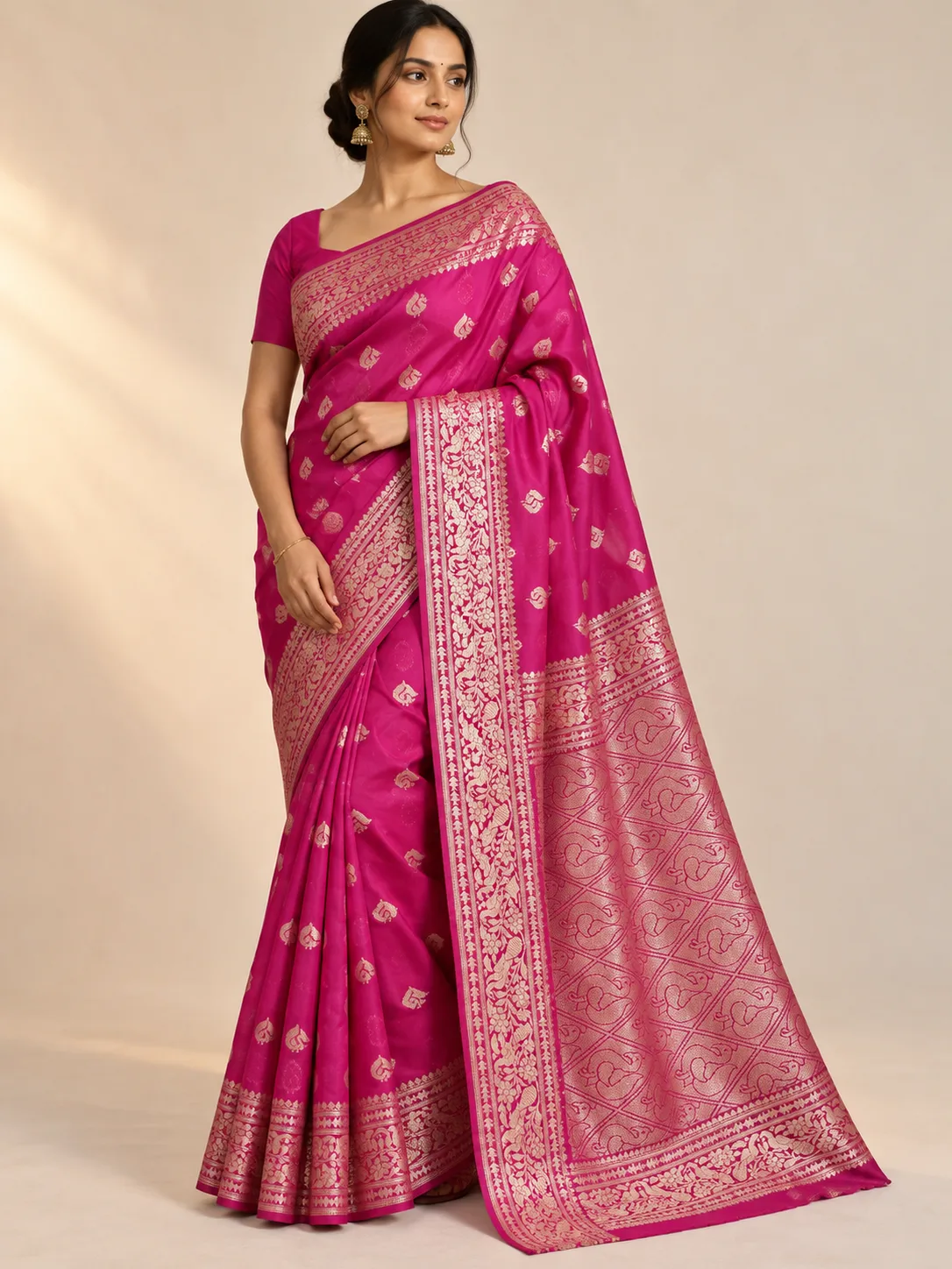 Magenta Pink Paisley Buti Kashi Silk Saree with Lattice Pallu