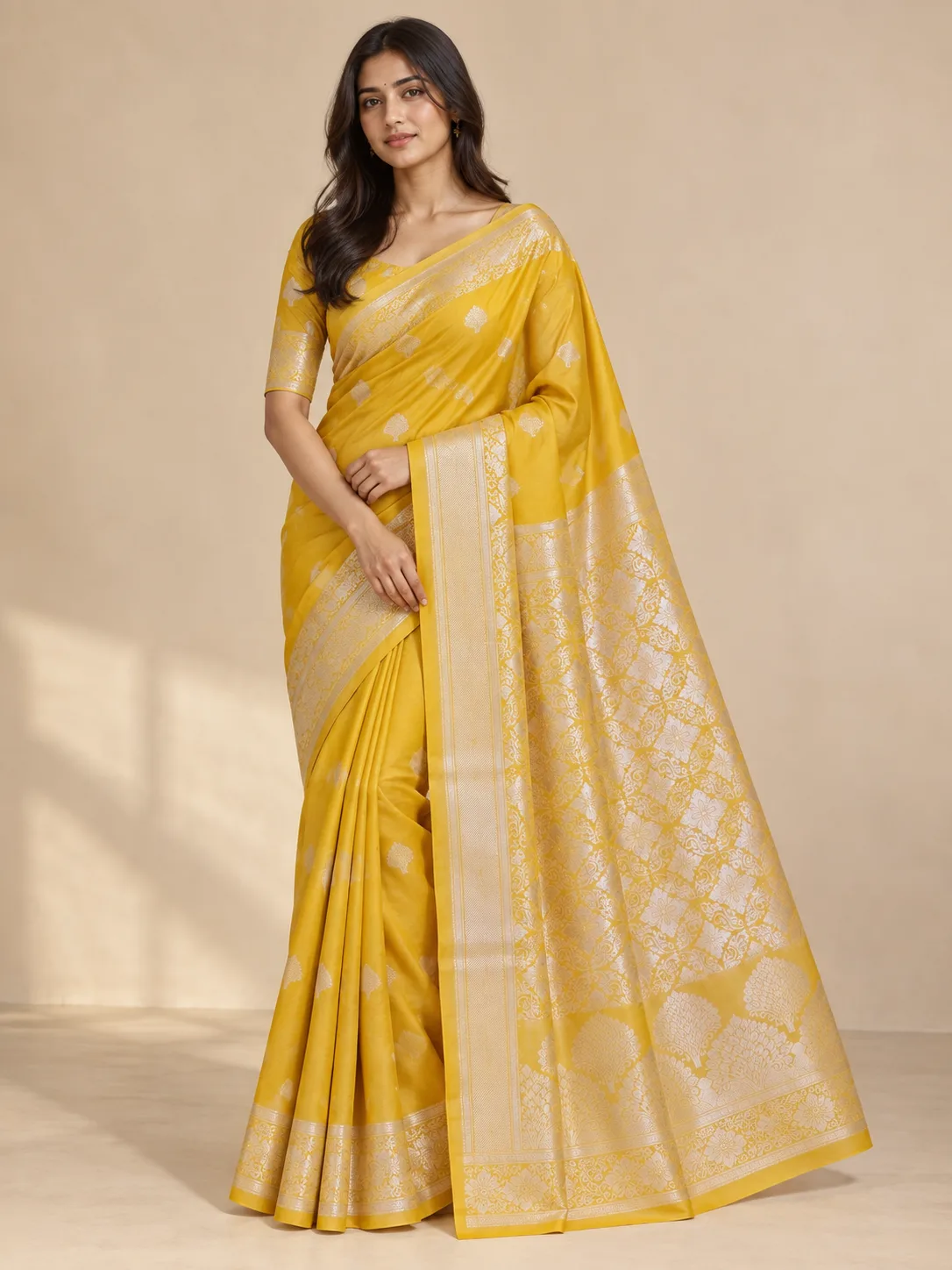 Turmeric Yellow and Silver Zari Paisley Silk Blend