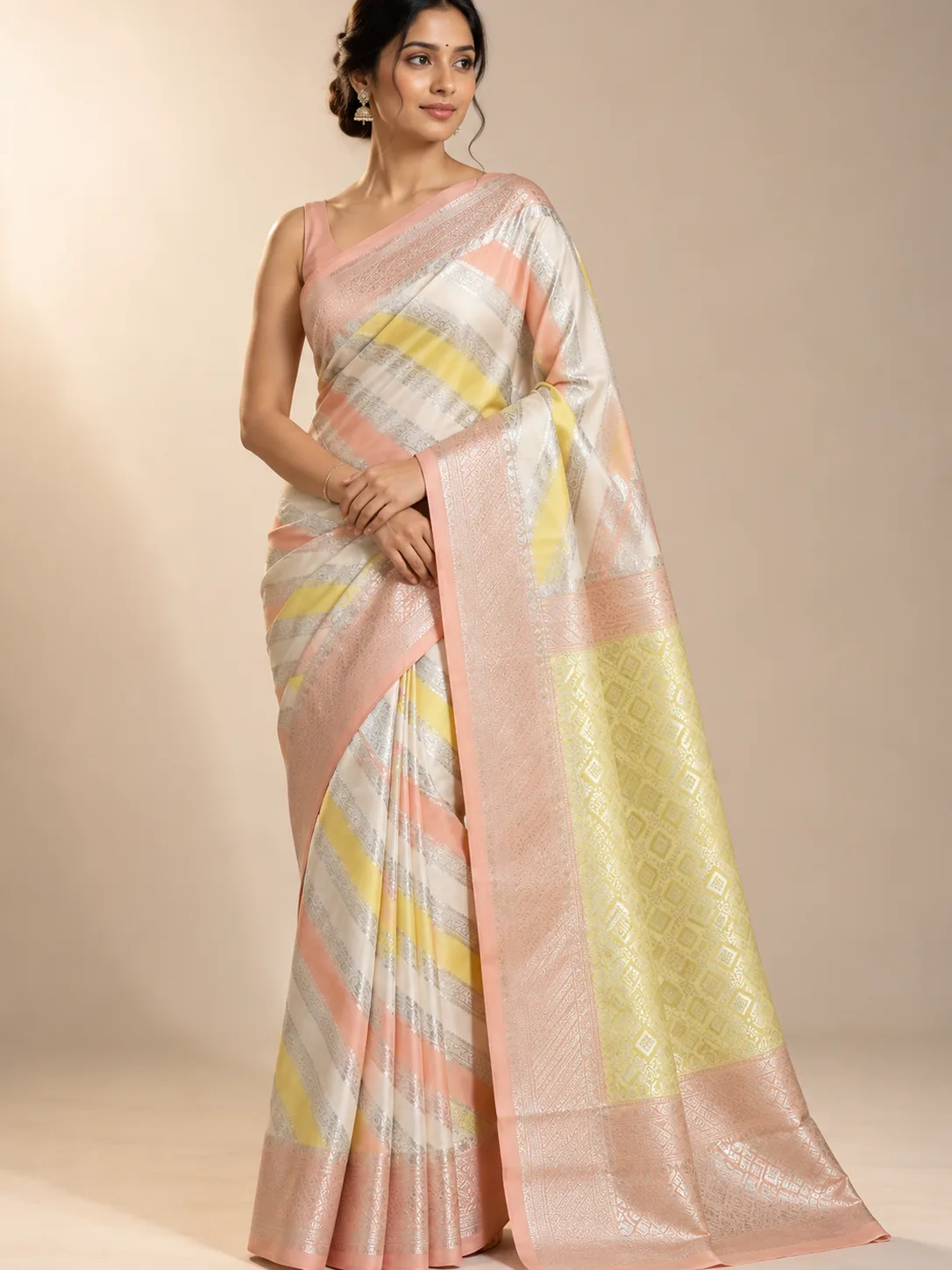 Pastel Diagonal Stripe Banarasi Silk Saree