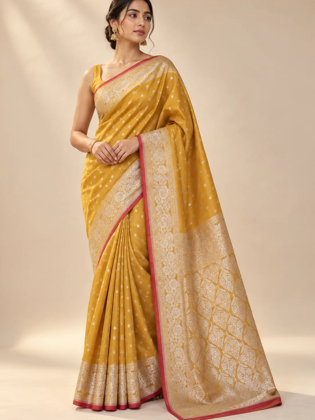 Mustard Gold Jaal Pallu Banarasi Katan Saree