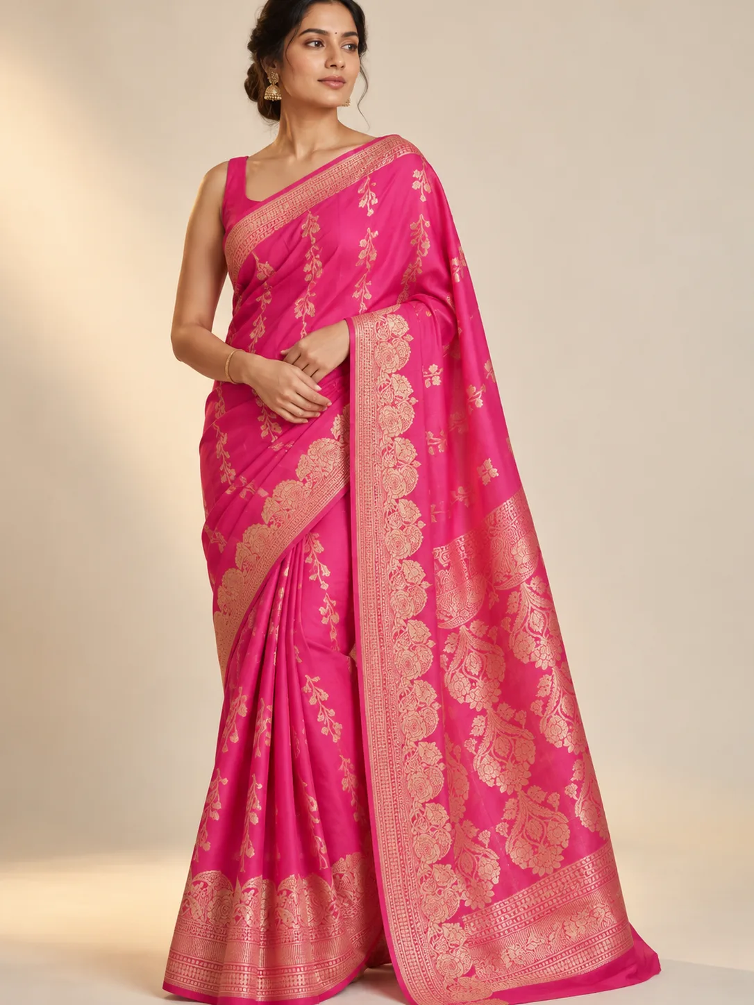 Hot Pink Gold Vine Buti Semi Katan Saree