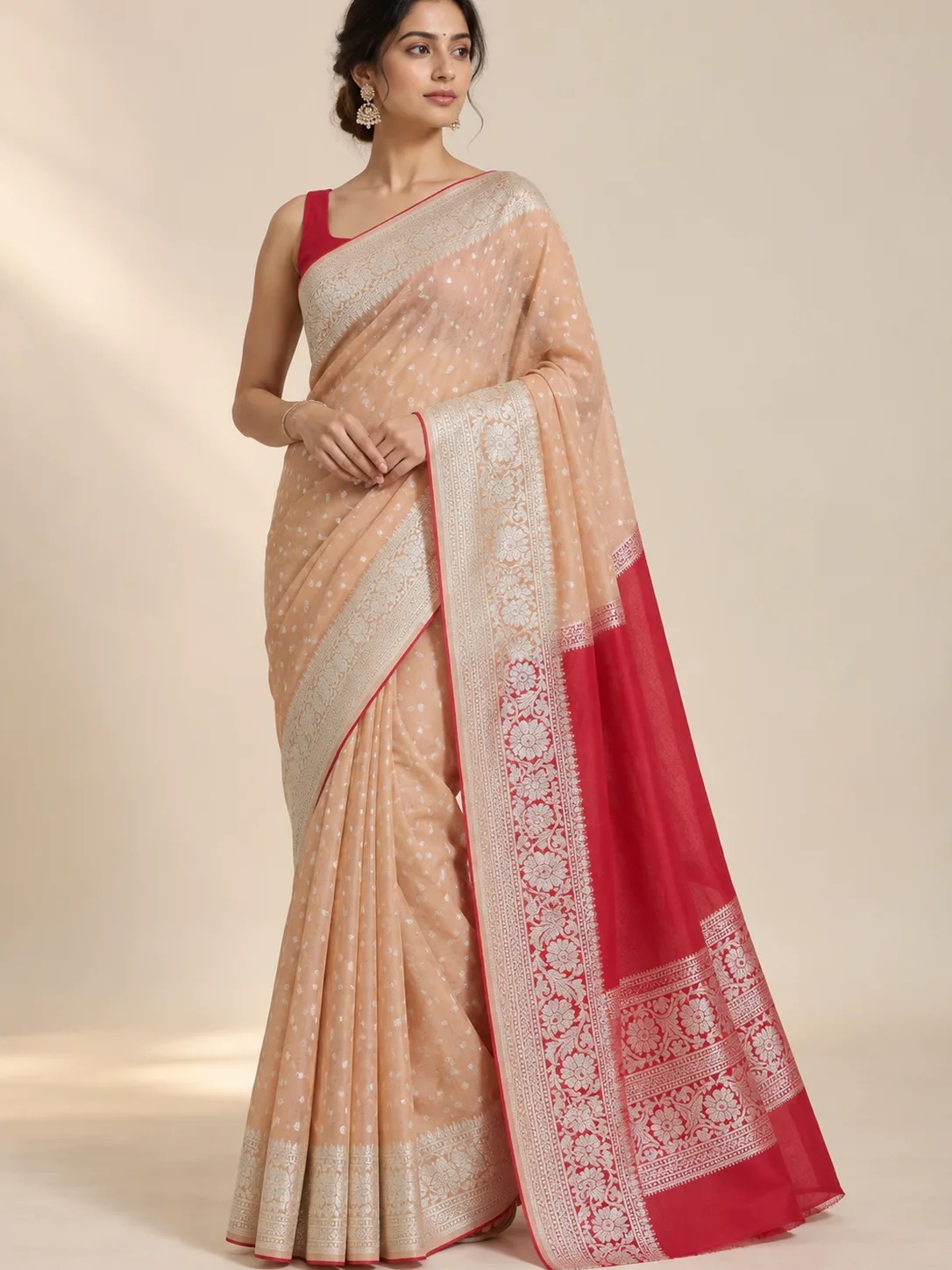 Peach Silver Buti Georgette Saree with Red Pallu