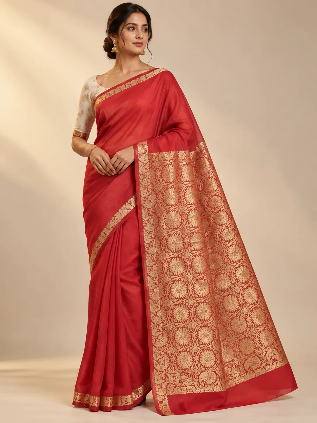Coral Red Bengali Saree with Gold Brocade Pallu