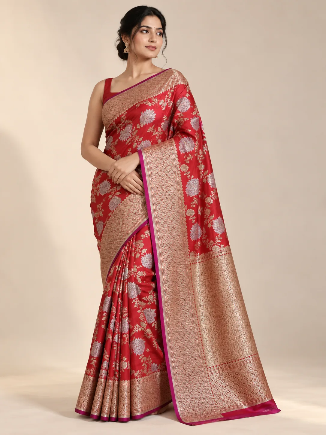 Red Floral Jaal Katan Silk Saree