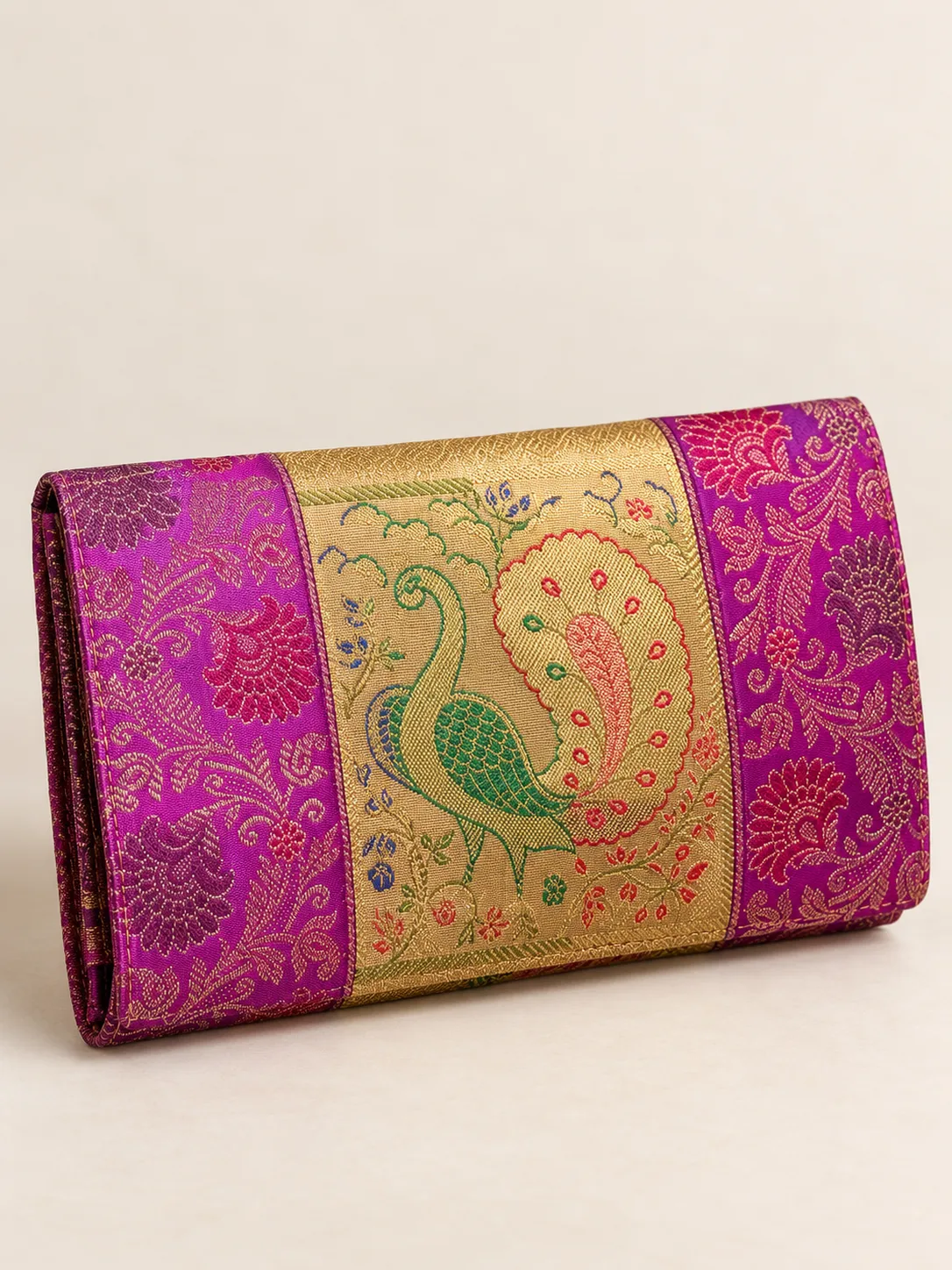 Magenta and Gold Peacock Silk Purse
