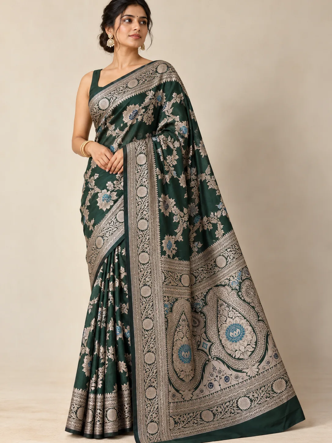 Bottle Green Silver Floral Vine Banarasi Silk Saree with Paisley Pallu